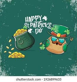 Happy Saint Patrick's day greeting card with funky leprechaun potato character with green particks hat and Pot Full of Golden Coins on green background. Rock n roll patricks day  funky character
