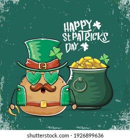 Happy Saint Patrick's day greeting card with funky leprechaun potato character with green particks hat and Pot Full of Golden Coins on green background. Rock n roll patricks day  funky character