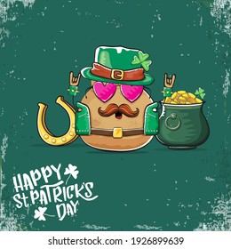 Happy Saint Patrick's day greeting card with funky leprechaun potato character with green particks hat and Pot Full of Golden Coins on green background. Rock n roll patricks day  funky character