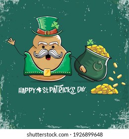 Happy Saint Patrick's day greeting card with funky leprechaun potato character with green particks hat and Pot Full of Golden Coins on green background. Rock n roll patricks day  funky character