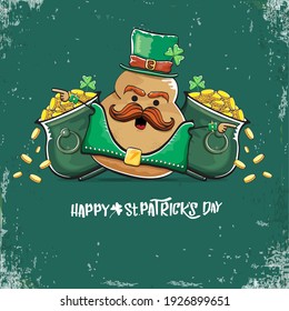Happy Saint Patrick's day greeting card with funky leprechaun potato character with green particks hat and Pot Full of Golden Coins on green background. Rock n roll patricks day  funky character