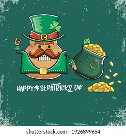 Happy Saint Patrick's day greeting card with funky leprechaun potato character with green particks hat and Pot Full of Golden Coins on green background. Rock n roll patricks day  funky character