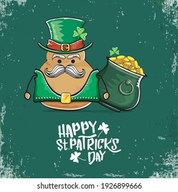 Happy Saint Patrick's day greeting card with funky leprechaun potato character with green particks hat and Pot Full of Golden Coins on green background. Rock n roll patricks day  funky character