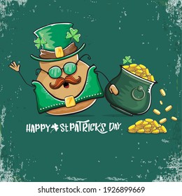 Happy Saint Patrick's day greeting card with funky leprechaun potato character with green particks hat and Pot Full of Golden Coins on green background. Rock n roll patricks day  funky character