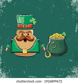 Happy Saint Patrick's day greeting card with funky leprechaun potato character with green particks hat and Pot Full of Golden Coins on green background. Rock n roll patricks day  funky character