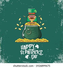 Happy Saint Patrick's day greeting card with funky leprechaun potato character with green particks hat and Pot Full of Golden Coins on green background. Rock n roll patricks day  funky character