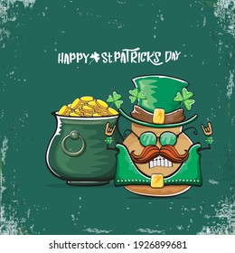 Happy Saint Patrick's day greeting card with funky leprechaun potato character with green particks hat and Pot Full of Golden Coins on green background. Rock n roll patricks day  funky character