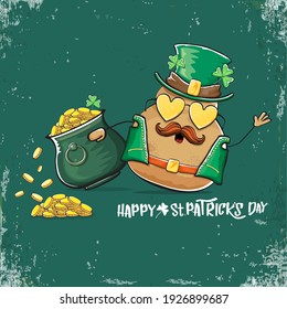 Happy Saint Patrick's day greeting card with funky leprechaun potato character with green particks hat and Pot Full of Golden Coins on green background. Rock n roll patricks day  funky character