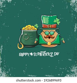 Happy Saint Patrick's day greeting card with funky leprechaun potato character with green particks hat and Pot Full of Golden Coins on green background. Rock n roll patricks day  funky character