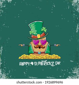 Happy Saint Patrick's day greeting card with funky leprechaun potato character with green particks hat and Pot Full of Golden Coins on green background. Rock n roll patricks day  funky character