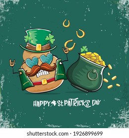 Happy Saint Patrick's day greeting card with funky leprechaun potato character with green particks hat and Pot Full of Golden Coins on green background. Rock n roll patricks day  funky character