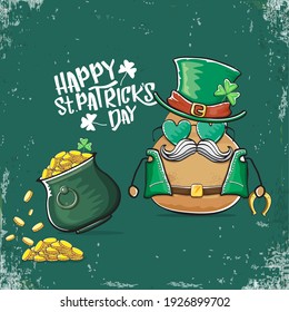 Happy Saint Patrick's day greeting card with funky leprechaun potato character with green particks hat and Pot Full of Golden Coins on green background. Rock n roll patricks day  funky character