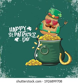Happy Saint Patrick's day greeting card with funky leprechaun potato character with green particks hat and Pot Full of Golden Coins on green background. Rock n roll patricks day  funky character