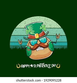 Happy saint patricks day greeting card with funky leprechaun potato character with green particks hat isolated on green background with vintage sun. Rock n roll saint Patrick vegetable funky character