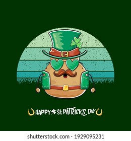 Happy saint patricks day greeting card with funky leprechaun potato character with green particks hat isolated on green background with vintage sun. Rock n roll saint Patrick vegetable funky character