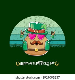 Happy saint patricks day greeting card with funky leprechaun potato character with green particks hat isolated on green background with vintage sun. Rock n roll saint Patrick vegetable funky character