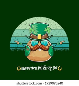 Happy saint patricks day greeting card with funky leprechaun potato character with green particks hat isolated on green background with vintage sun. Rock n roll saint Patrick vegetable funky character