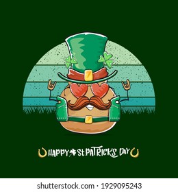 Happy saint patricks day greeting card with funky leprechaun potato character with green particks hat isolated on green background with vintage sun. Rock n roll saint Patrick vegetable funky character