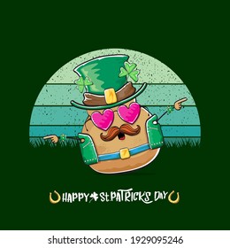 Happy saint patricks day greeting card with funky leprechaun potato character with green particks hat isolated on green background with vintage sun. Rock n roll saint Patrick vegetable funky character