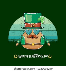 Happy saint patricks day greeting card with funky leprechaun potato character with green particks hat isolated on green background with vintage sun. Rock n roll saint Patrick vegetable funky character