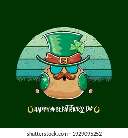 Happy saint patricks day greeting card with funky leprechaun potato character with green particks hat isolated on green background with vintage sun. Rock n roll saint Patrick vegetable funky character