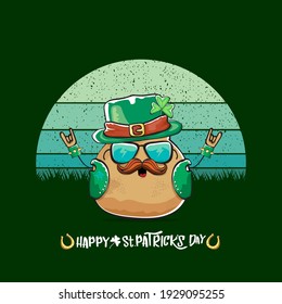 Happy saint patricks day greeting card with funky leprechaun potato character with green particks hat isolated on green background with vintage sun. Rock n roll saint Patrick vegetable funky character