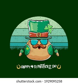 Happy saint patricks day greeting card with funky leprechaun potato character with green particks hat isolated on green background with vintage sun. Rock n roll saint Patrick vegetable funky character