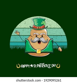 Happy saint patricks day greeting card with funky leprechaun potato character with green particks hat isolated on green background with vintage sun. Rock n roll saint Patrick vegetable funky character
