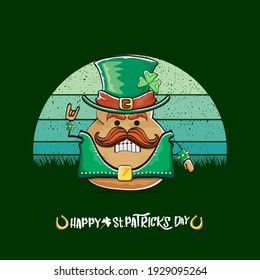 Happy saint patricks day greeting card with funky leprechaun potato character with green particks hat isolated on green background with vintage sun. Rock n roll saint Patrick vegetable funky character