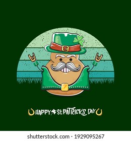 Happy saint patricks day greeting card with funky leprechaun potato character with green particks hat isolated on green background with vintage sun. Rock n roll saint Patrick vegetable funky character