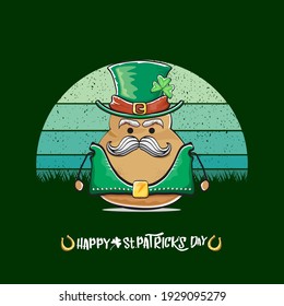 Happy saint patricks day greeting card with funky leprechaun potato character with green particks hat isolated on green background with vintage sun. Rock n roll saint Patrick vegetable funky character