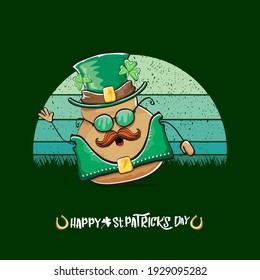 Happy saint patricks day greeting card with funky leprechaun potato character with green particks hat isolated on green background with vintage sun. Rock n roll saint Patrick vegetable funky character