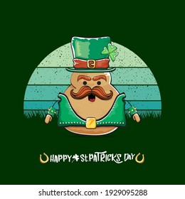 Happy saint patricks day greeting card with funky leprechaun potato character with green particks hat isolated on green background with vintage sun. Rock n roll saint Patrick vegetable funky character