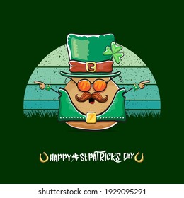 Happy saint patricks day greeting card with funky leprechaun potato character with green particks hat isolated on green background with vintage sun. Rock n roll saint Patrick vegetable funky character