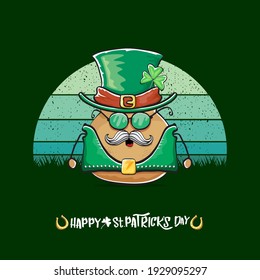 Happy saint patricks day greeting card with funky leprechaun potato character with green particks hat isolated on green background with vintage sun. Rock n roll saint Patrick vegetable funky character