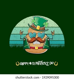 Happy saint patricks day greeting card with funky leprechaun potato character with green particks hat isolated on green background with vintage sun. Rock n roll saint Patrick vegetable funky character