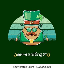 Happy saint patricks day greeting card with funky leprechaun potato character with green particks hat isolated on green background with vintage sun. Rock n roll saint Patrick vegetable funky character