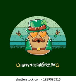 Happy saint patricks day greeting card with funky leprechaun potato character with green particks hat isolated on green background with vintage sun. Rock n roll saint Patrick vegetable funky character