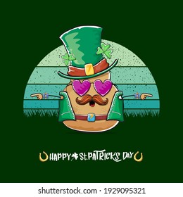 Happy saint patricks day greeting card with funky leprechaun potato character with green particks hat isolated on green background with vintage sun. Rock n roll saint Patrick vegetable funky character