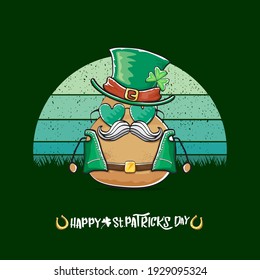 Happy saint patricks day greeting card with funky leprechaun potato character with green particks hat isolated on green background with vintage sun. Rock n roll saint Patrick vegetable funky character