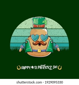 Happy saint patricks day greeting card with funky leprechaun potato character with green particks hat isolated on green background with vintage sun. Rock n roll saint Patrick vegetable funky character