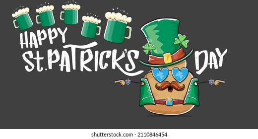 Happy saint patricks day greeting horizontal banner with funky leprechaun rock star potato character with green particks hat, beer and text isolated on grey background. vegetable funky character