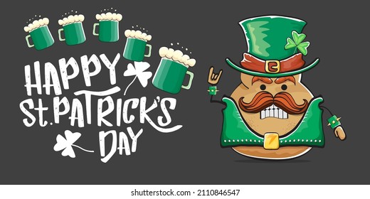 Happy saint patricks day greeting horizontal banner with funky leprechaun rock star potato character with green particks hat, beer and text isolated on grey background. vegetable funky character