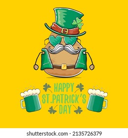 Happy saint patricks day greeting card with funky leprechaun rock star potato character with green particks hat and beer isolated on orange background. Rock n roll hipster vegetable funky character