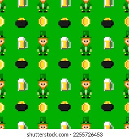 Happy saint Patrick's day greeting card. Leprechaun in style of eight-bit game. Pixel art seamless pattern . Texture for fabric, wrapping, wallpaper. Decorative print