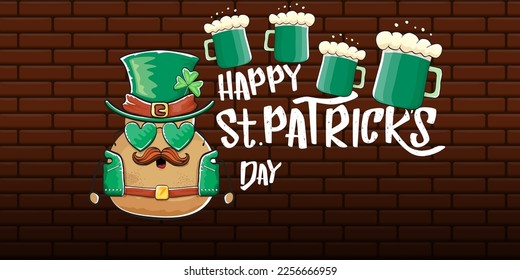 Happy saint patricks day greeting horizontal banner with funky leprechaun rock star potato character with green particks hat, beer and text isolated on brick background. vegetable funky character