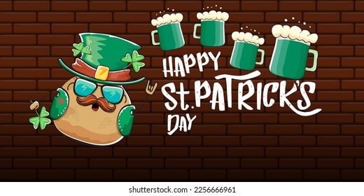Happy saint patricks day greeting horizontal banner with funky leprechaun rock star potato character with green particks hat, beer and text isolated on brick background. vegetable funky character