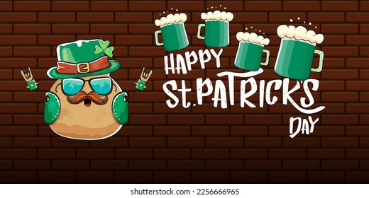 Happy saint patricks day greeting horizontal banner with funky leprechaun rock star potato character with green particks hat, beer and text isolated on brick background. vegetable funky character