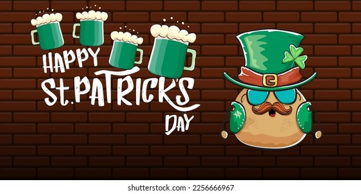 Happy saint patricks day greeting horizontal banner with funky leprechaun rock star potato character with green particks hat, beer and text isolated on brick background. vegetable funky character