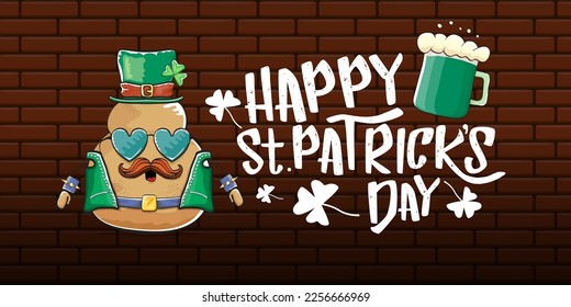 Happy saint patricks day greeting horizontal banner with funky leprechaun rock star potato character with green particks hat, beer and text isolated on brick background. vegetable funky character